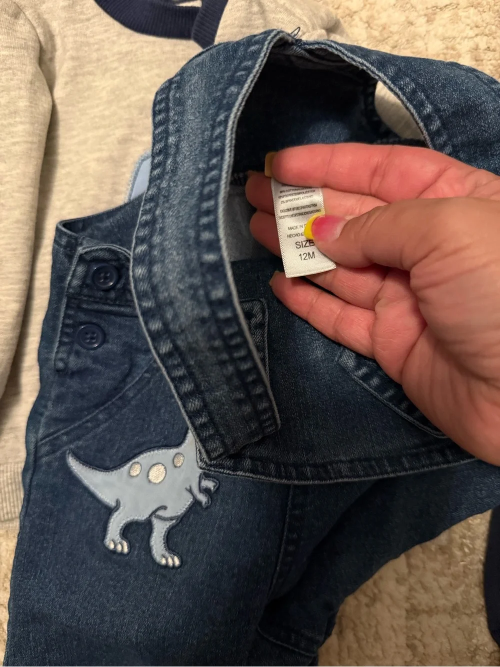 Little Me 4 piece Matching Set Navy Denim Overalls with Light Blue Dinosaur 12M